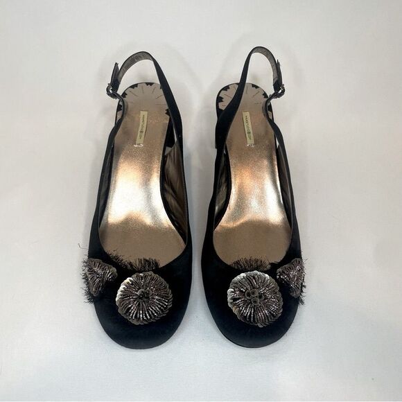 Max Studio Women's Black Satin Feather Metallic Slingback Heels Size 7.5 - Picture 2 of 9